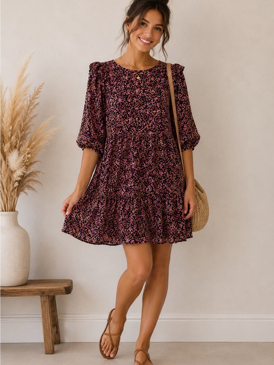 H&M Dresses & Skirts - H&M Black Mini Dress with Pink Floral Ditsy Print